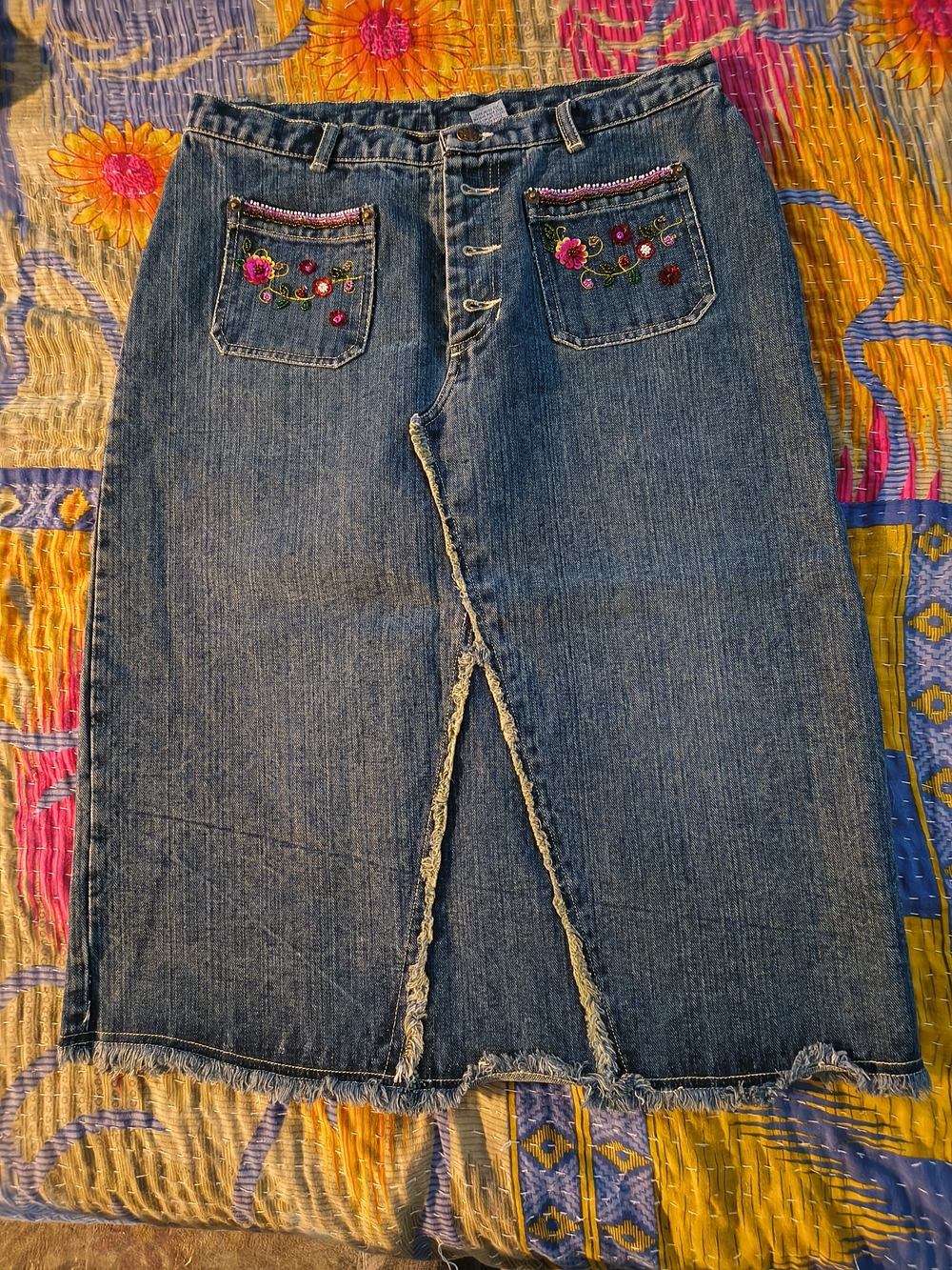 Spiegel Denim Button-Front Straight Skirt with Embroidered Pockets - Blue